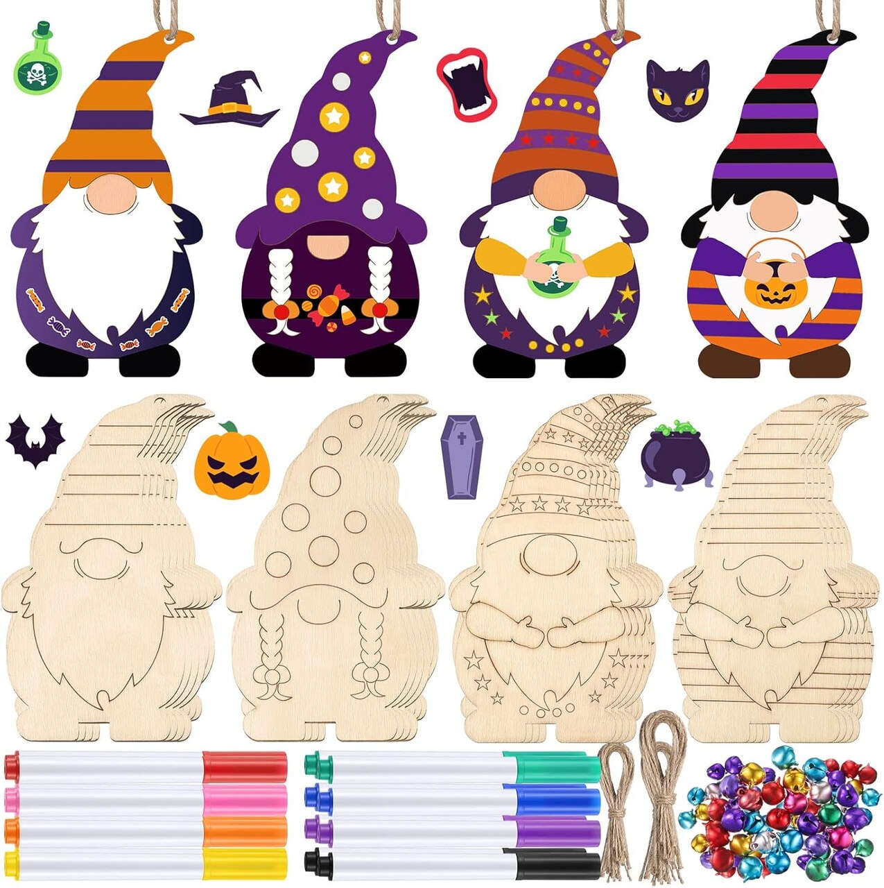 Gnome Ornaments Include Blank Gnome Cutout Hanging Slices, Colored Marker, Bells for Kids Christmas Tree Craft Painting DIY All Festival(20 Sets)